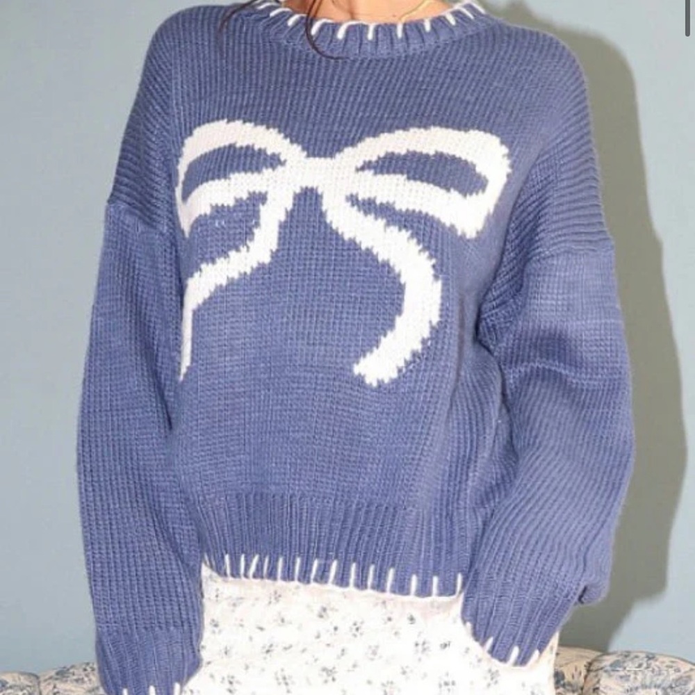 Blue and White Bow Stitch Detailing Knit Sweater NWT